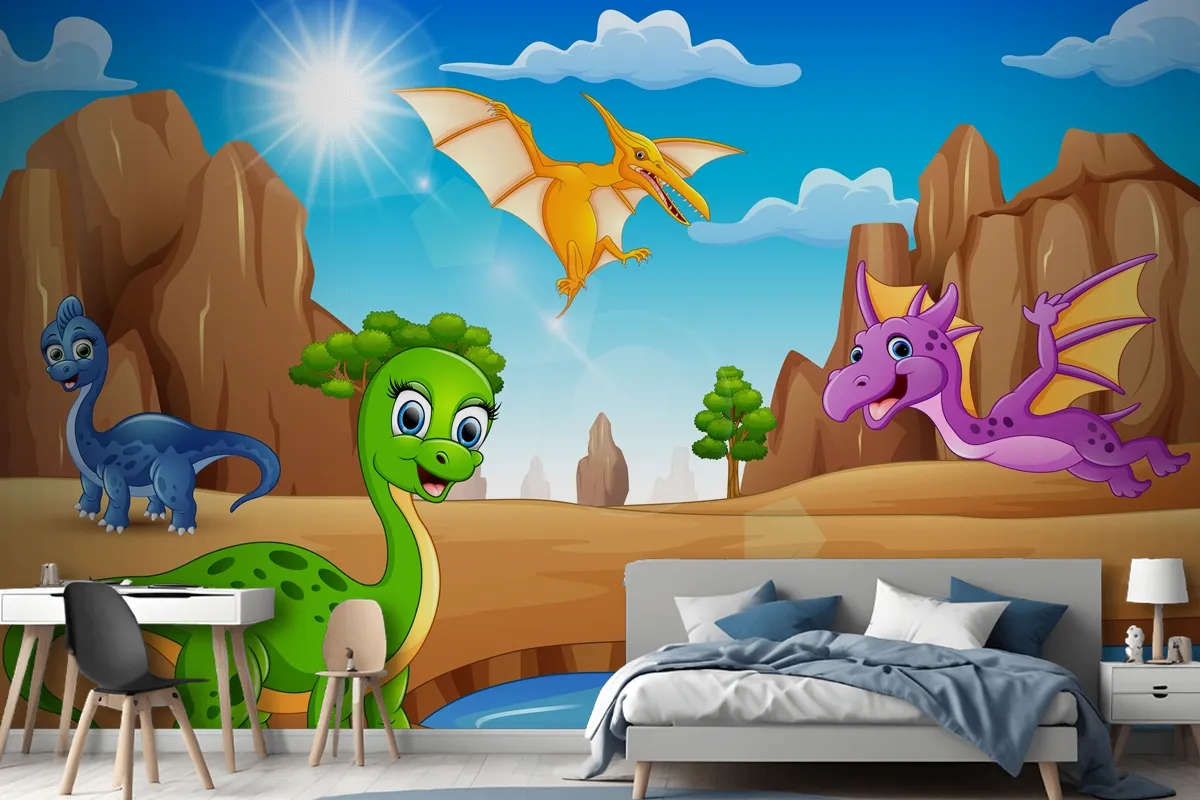 Cartoon Happy Dinosaurs Living In The Desert Wallpaper Mural