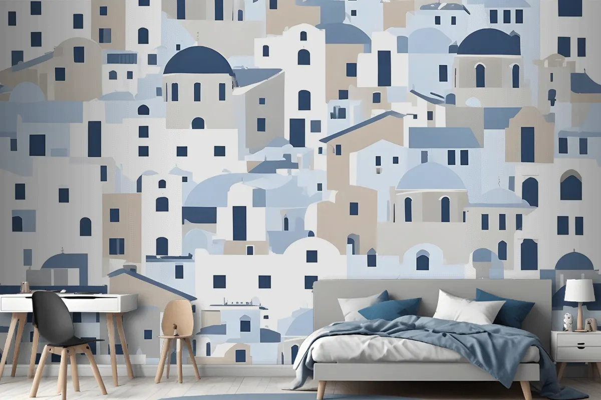 Cartoon Old Blue Greek House Wallpaper Mural