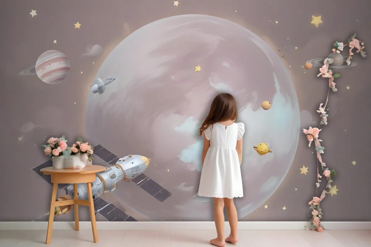 Cartoon Planets And Starry Space Wallpaper Mural