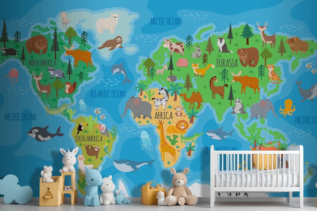 Cartoon World Map For Kids Nursery With Forest Animals Wallpaper Mural