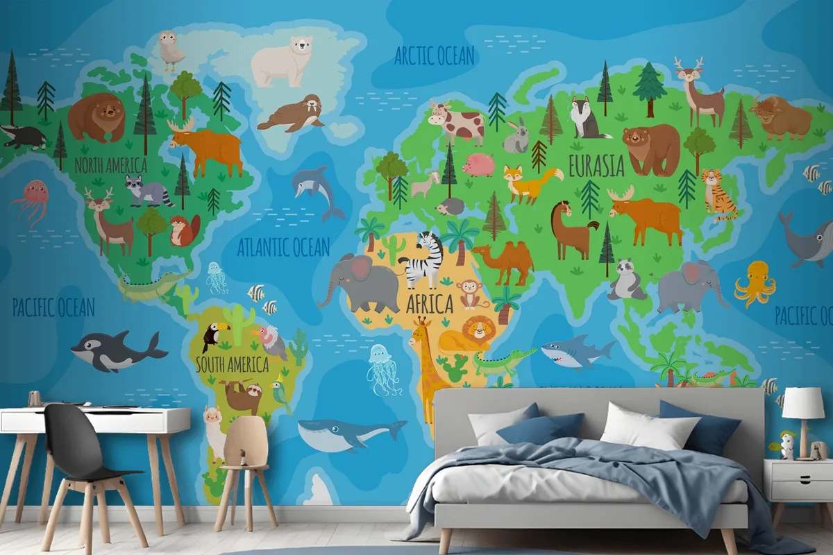 Cartoon World Map For Kids Nursery With Forest Animals Wallpaper Mural