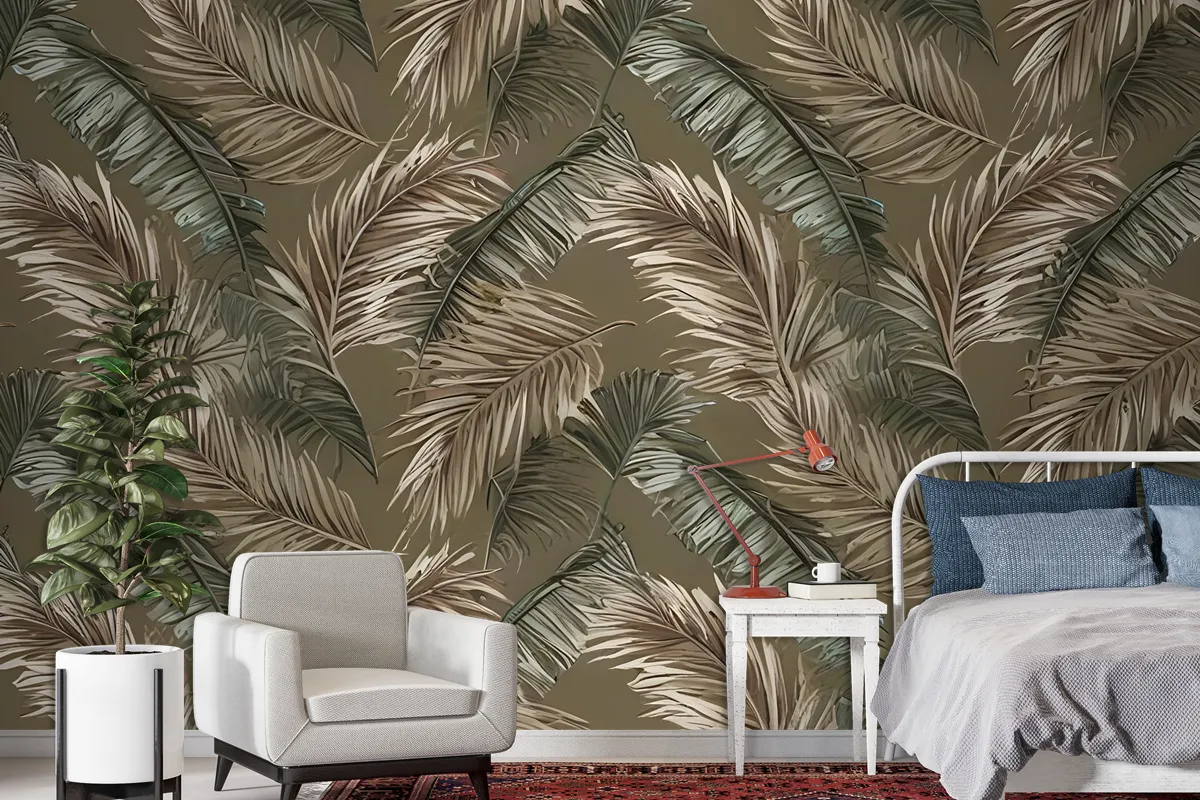 Charcoal Banana And Palm Leaves Wallpaper Mural