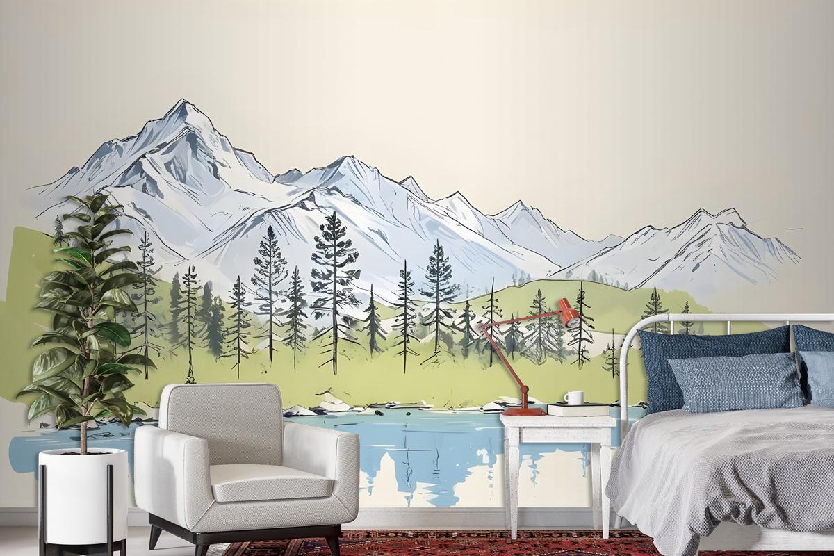 Charcoal Mountain Landscape With Lake And Pine Trees Wallpaper Mural