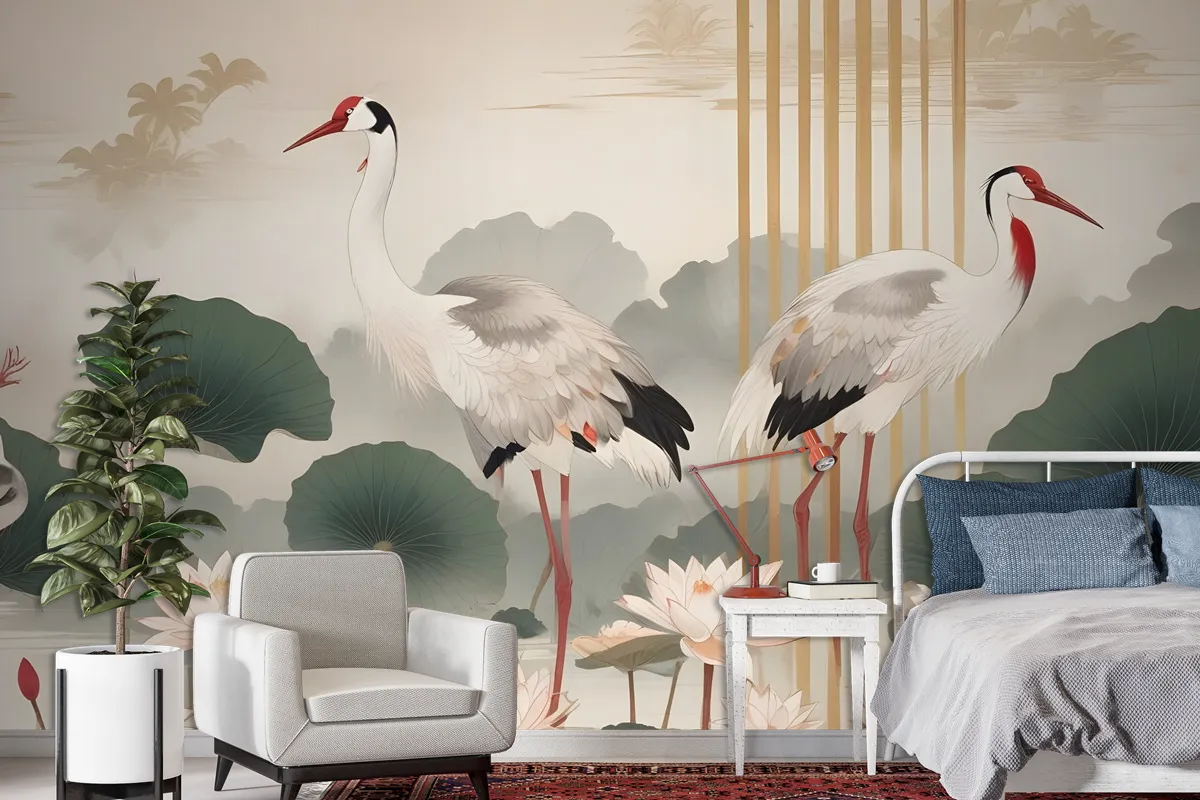 Chinese Crane Birds With Lotus Florals Wallpaper Mural