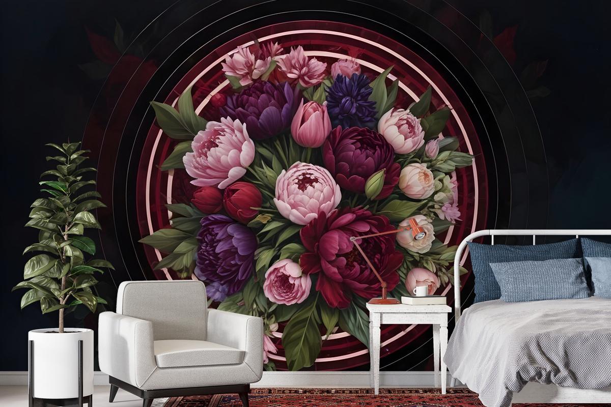 Circle Dark Floral Wallpaper Mural