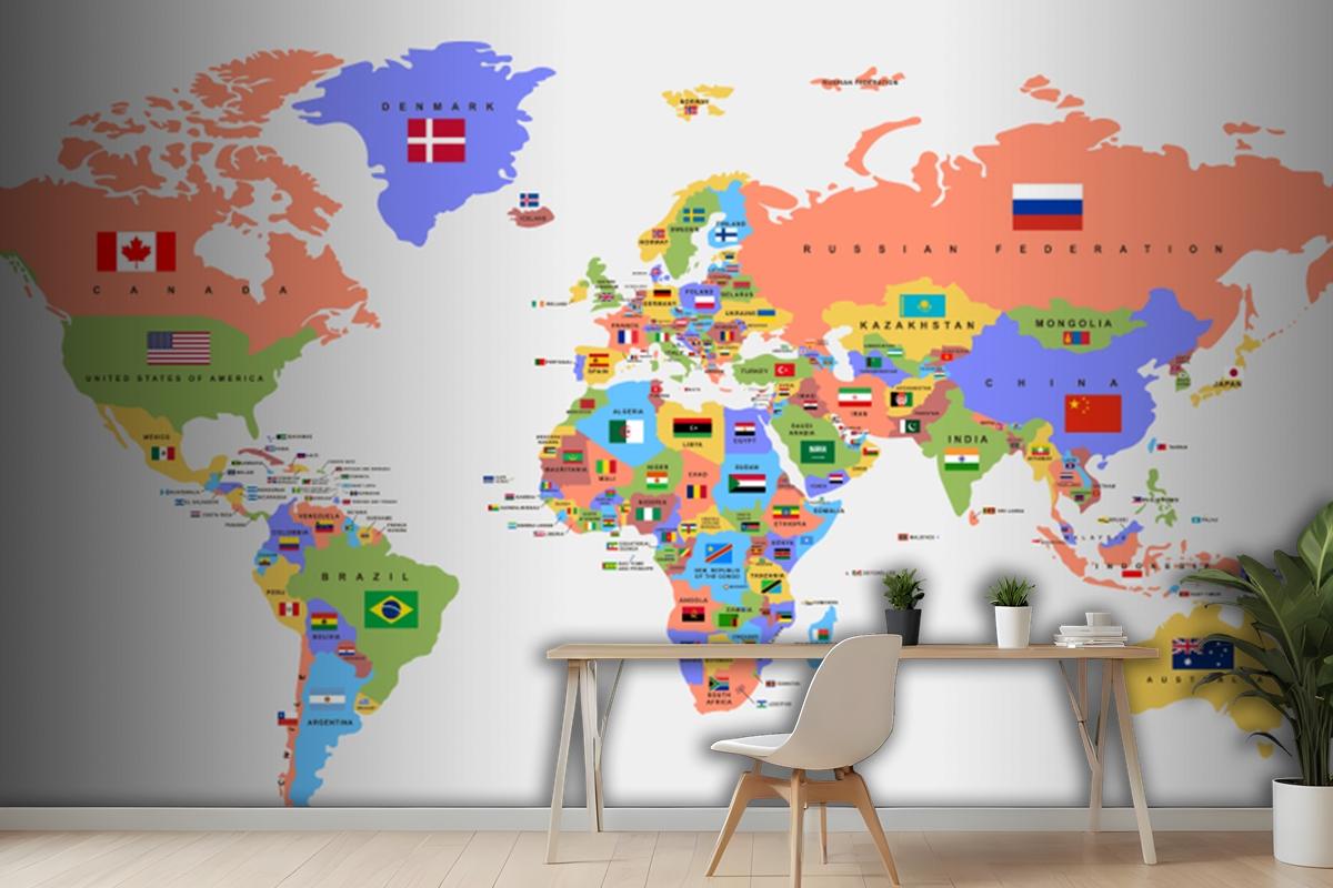 Color World Map With The Names Of Countries And National Flags Wallpaper Mural