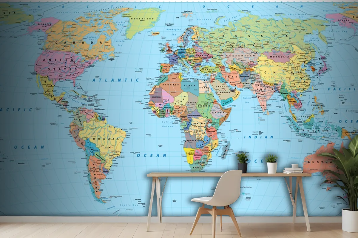 Colored World Map Borders Countries Roads And Cities Wallpaper Mural