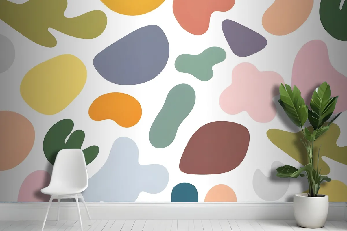 Colorful Abstract Shapes In Various Pastel Tones Including Circles Arranged In A Random Pattern On A White Wallpaper Mural