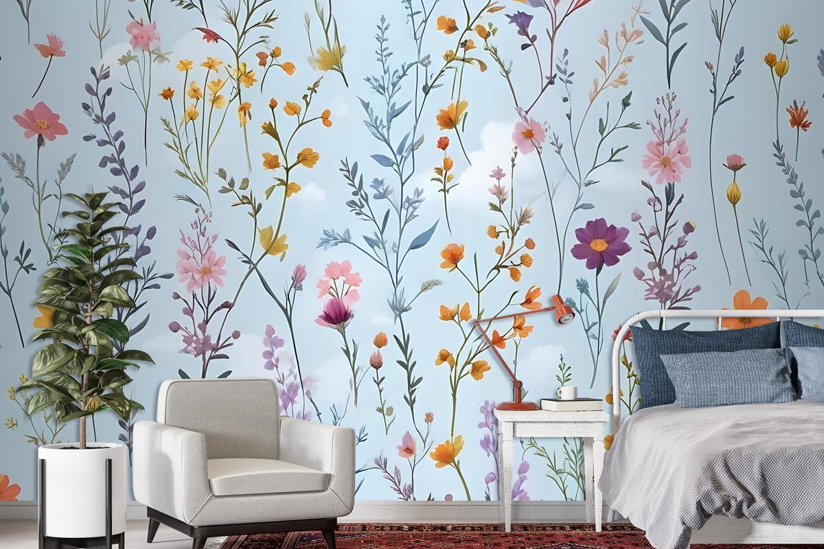 Colorful Blossoms Blue Wallpaper Mural