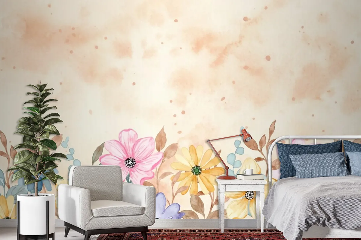 Colorful Floral Garden Background With Watercolor Wallpaper Mural