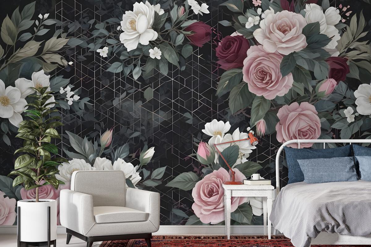 Colorful Floral With Dark Geometric Pattern Wallpaper Mural