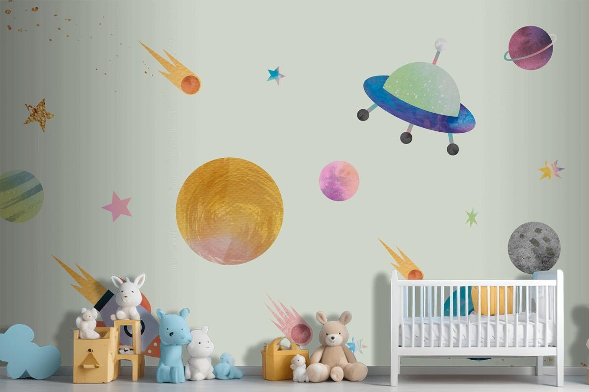 Colorful Galaxy Pattern Background In Cute Watercolor Style Wallpaper Mural