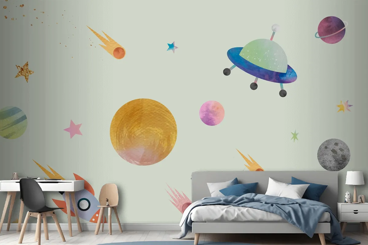 Colorful Galaxy Pattern Background In Cute Watercolor Style Wallpaper Mural