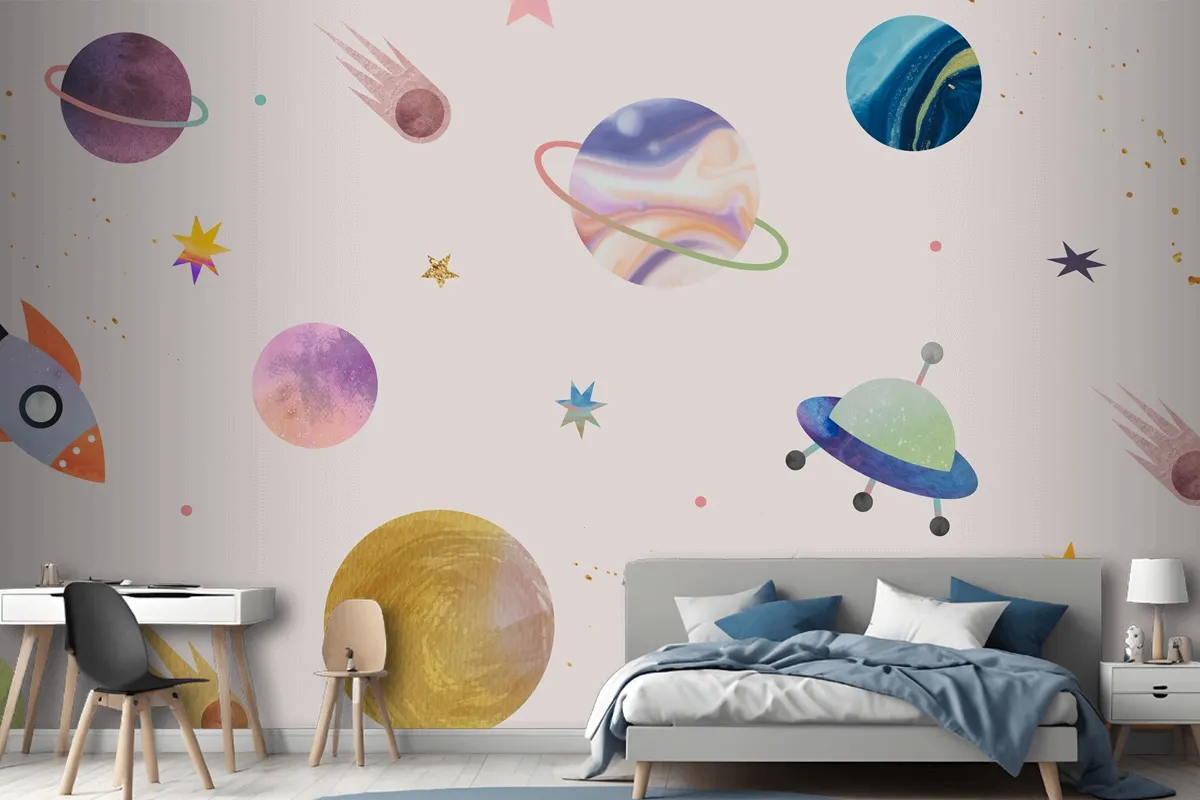 Colorful Galaxy Watercolor Doodle On Pastel Background Wallpaper Mural