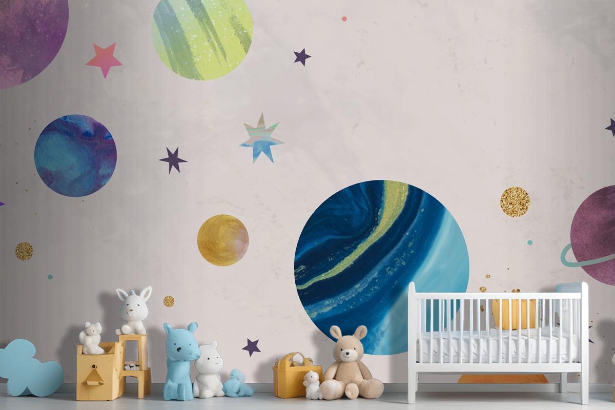 Colorful Galaxy Watercolor Doodle On Pastel Wallpaper Mural