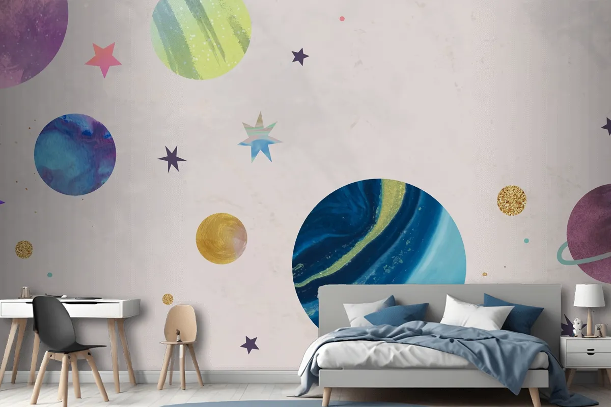 Colorful Galaxy Watercolor Doodle On Pastel Wallpaper Mural