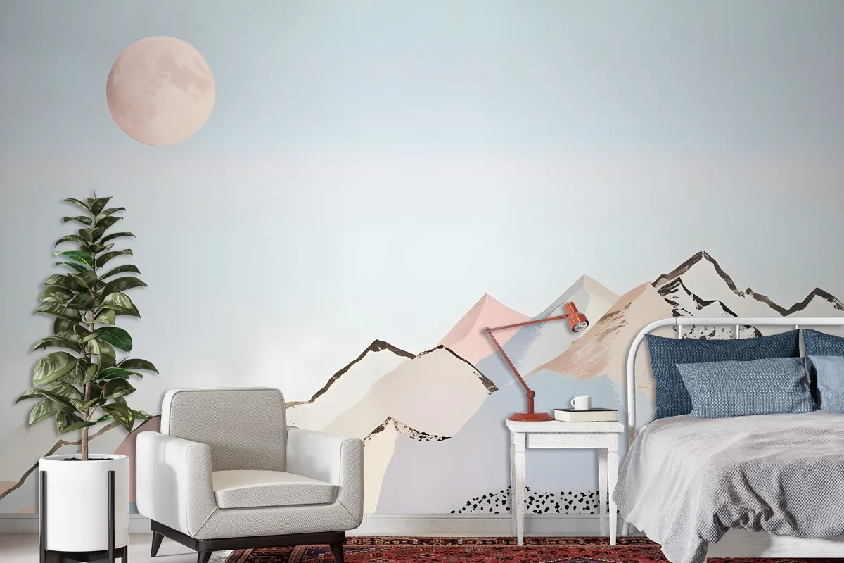 Colorful Mountain With Pink Moon Wallpaper Mural