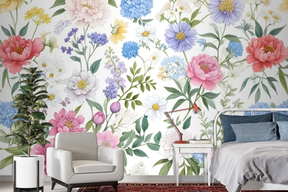 Colorful Spring Pink Wildflowers Wallpaper Mural