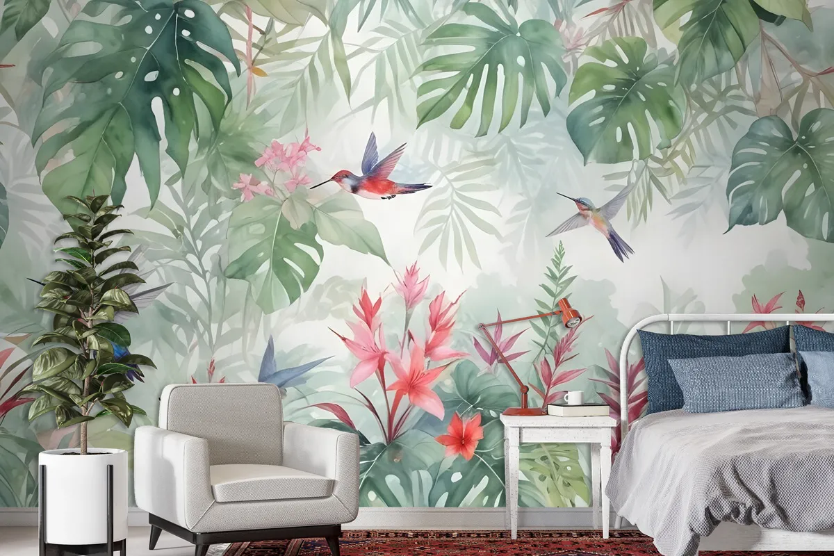 Colorful Tropical Exotic Cactus Floral With Little Birds Wallpaper Mural