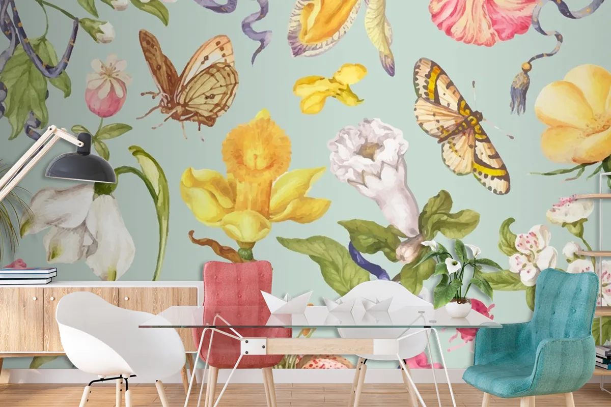 Colorful Vintage Floral Pattern On Green Background Wallpaper Mural