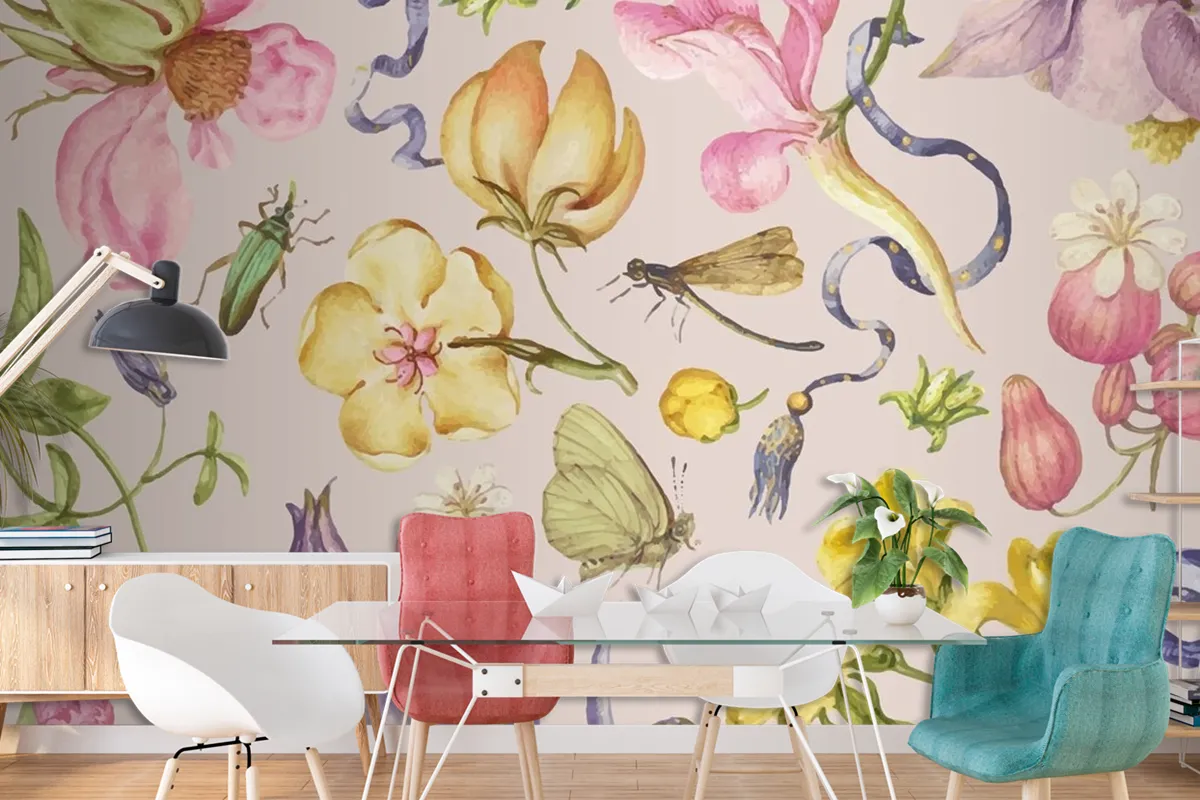 Colorful Vintage Floral Pattern Vector On Pink Wallpaper Mural