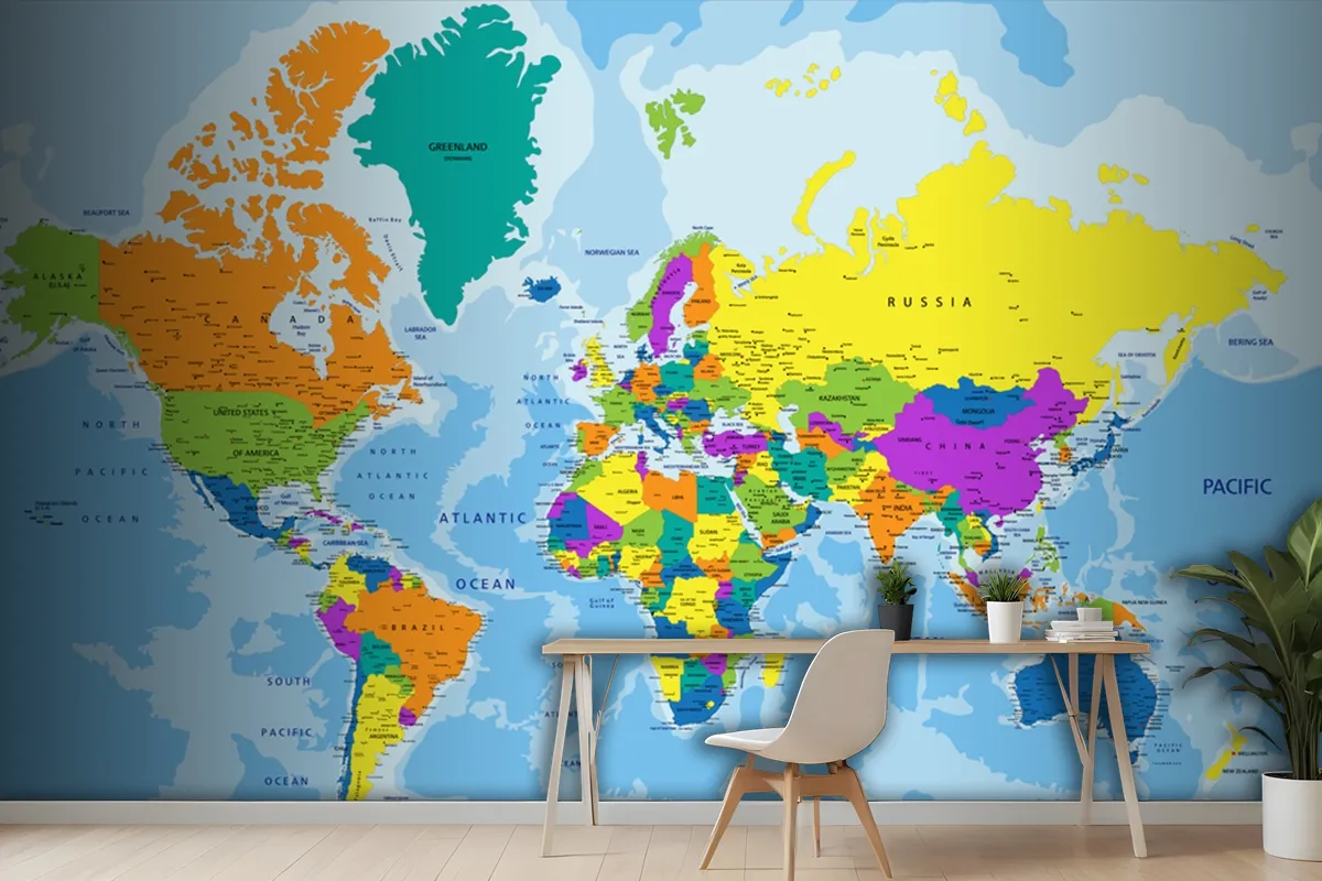 Colorful World Political Map With Clearly Labeled Wallpaper Mural