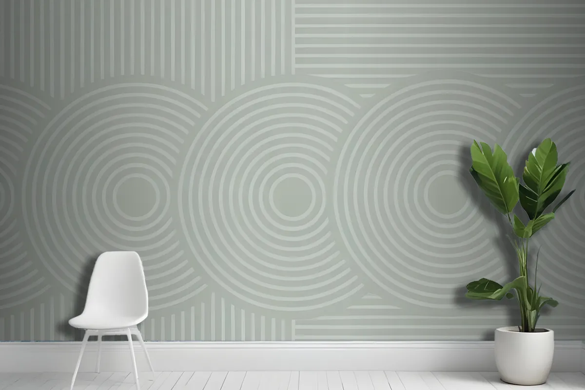 Concentric Circles And Vertical Lines In Green Wallpaper Mural