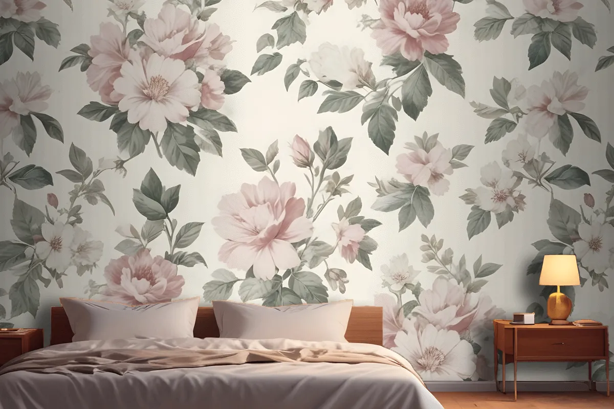 Cream & Pink Rose Vintage Floral Wallpaper Mural