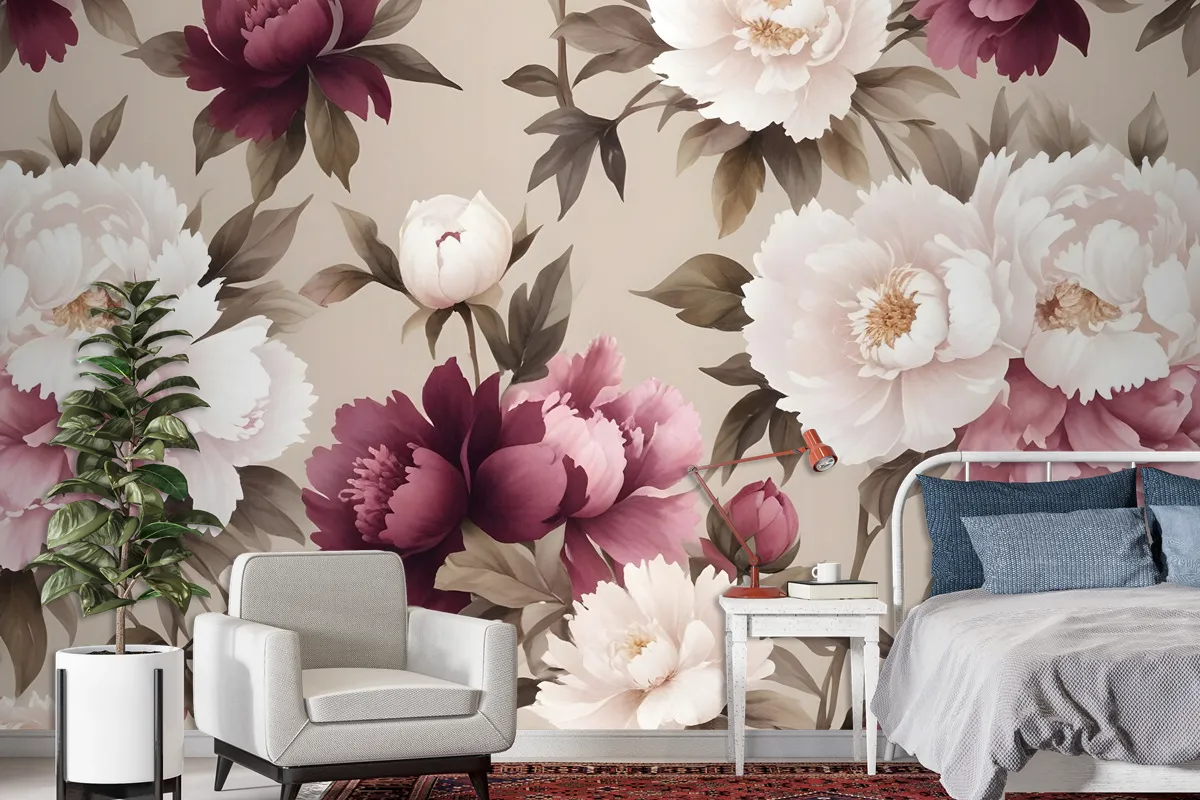 Cream Pink Peony Floral Pattern Wallpaper Mural