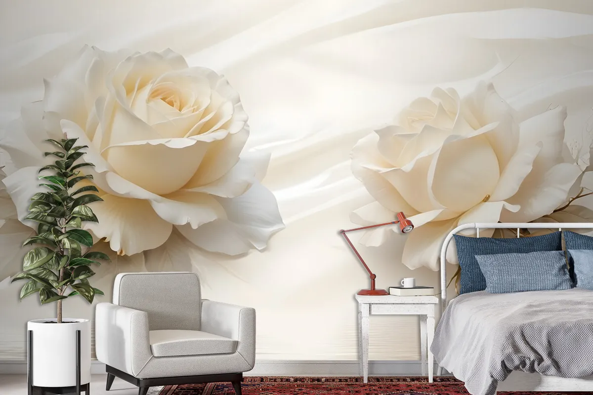 Cream Rose Floral With Water Pattern Wallpaper Mural