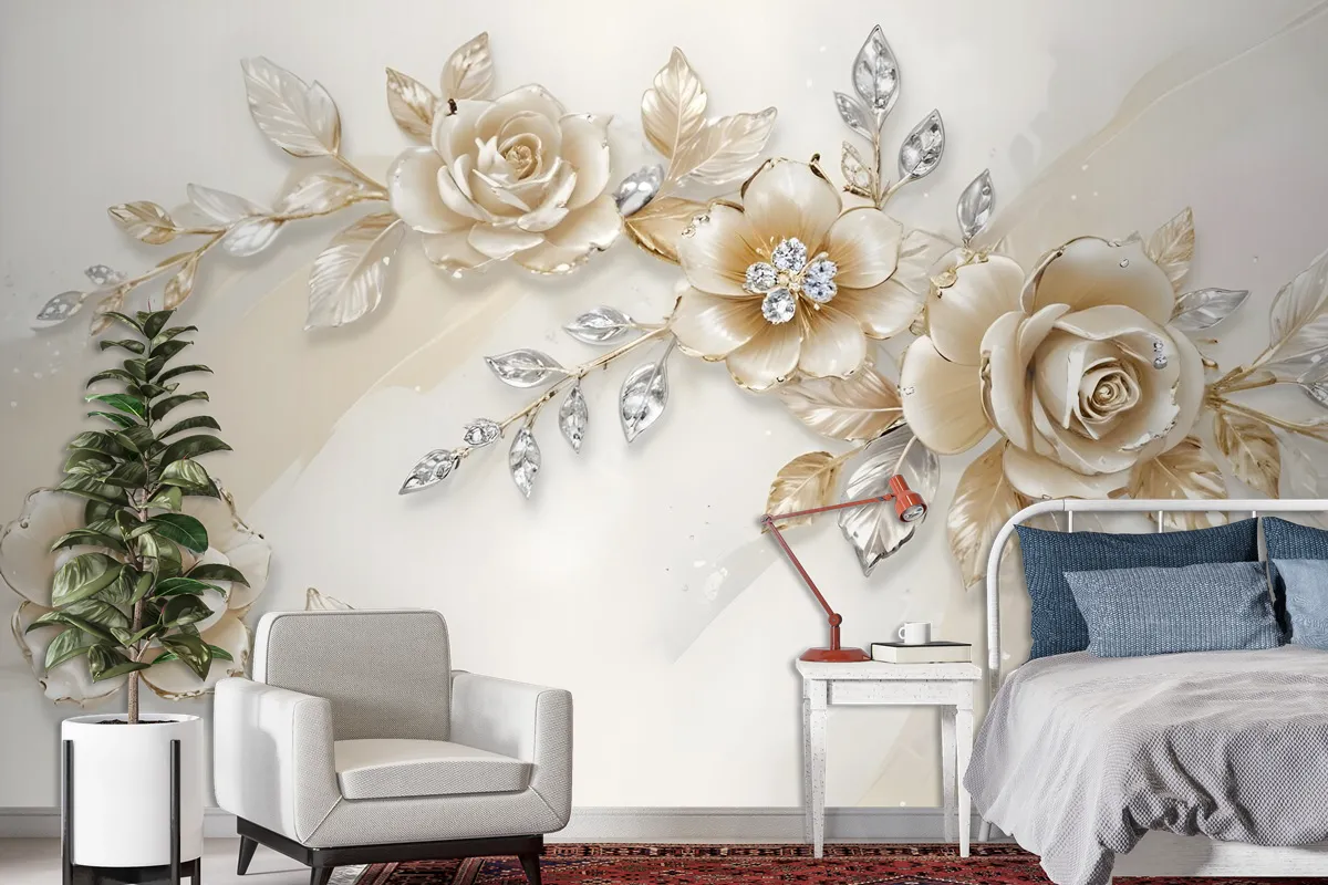 Cream Swarovski Rose Floral Wallpaper Mural