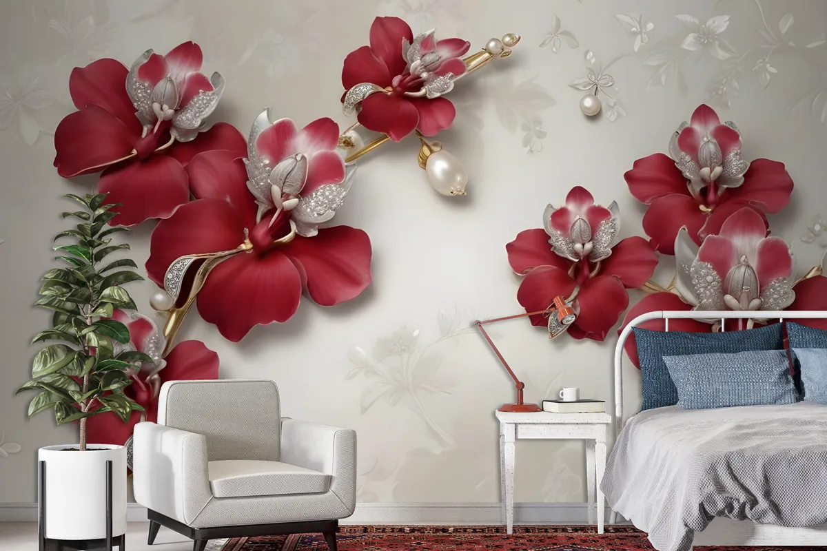 Crystal Red Floral Art Wallpaper Mural