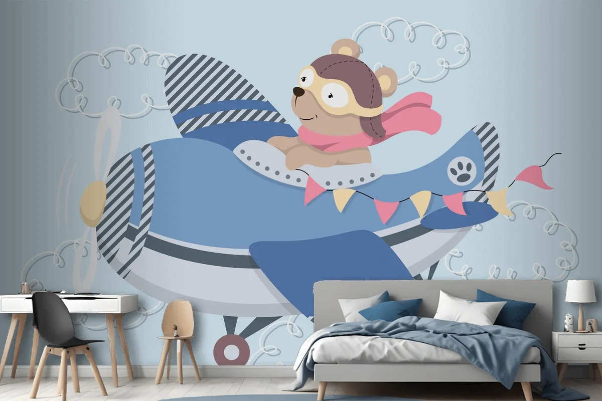 Cute Cartoon Teddy Bear In Aviator Glasses A Leather Helmet And Scarf Flying In Vintage Airplane Wallpaper Mural