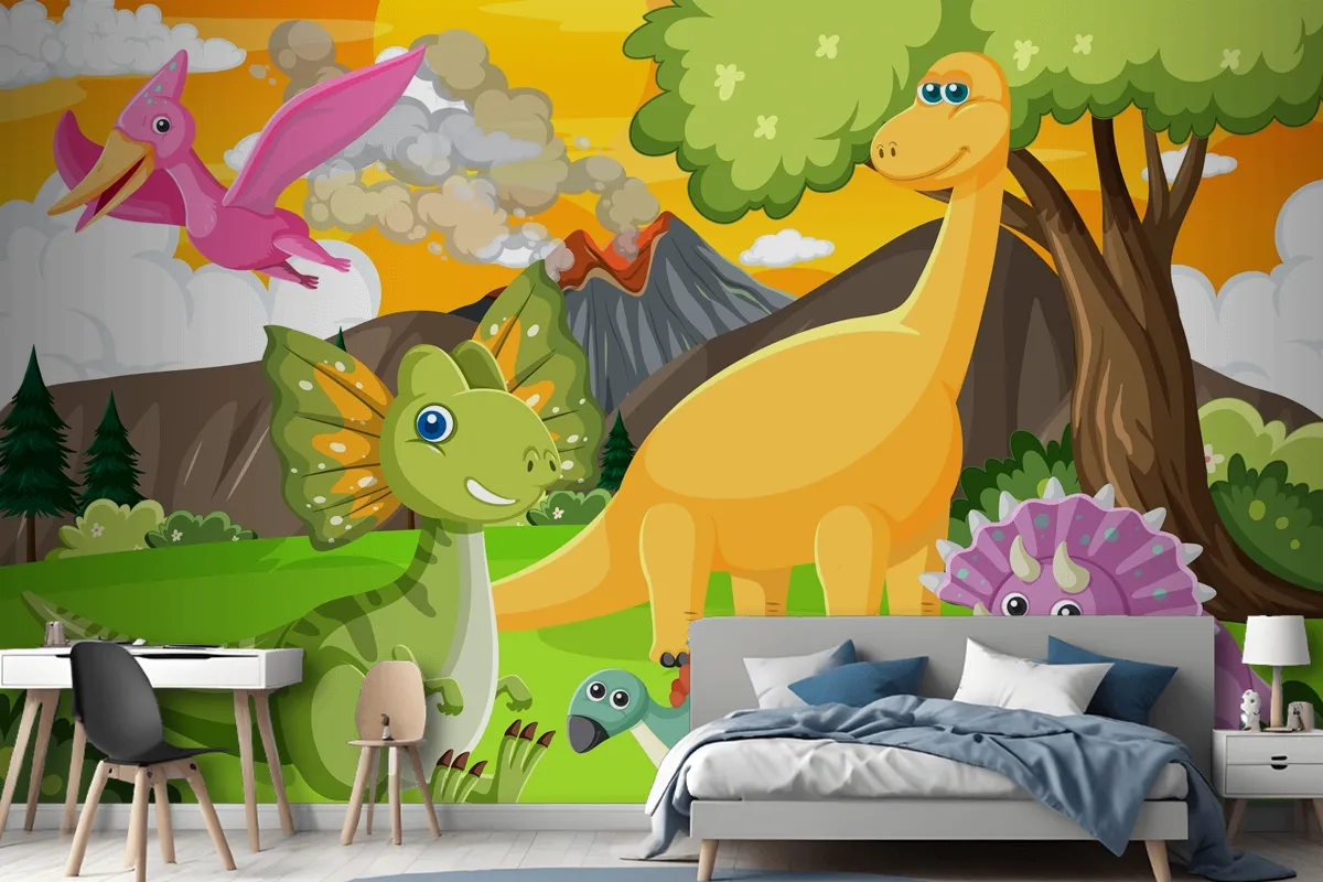 Cute Dinosaur Group In Forest Wallpaper Mural