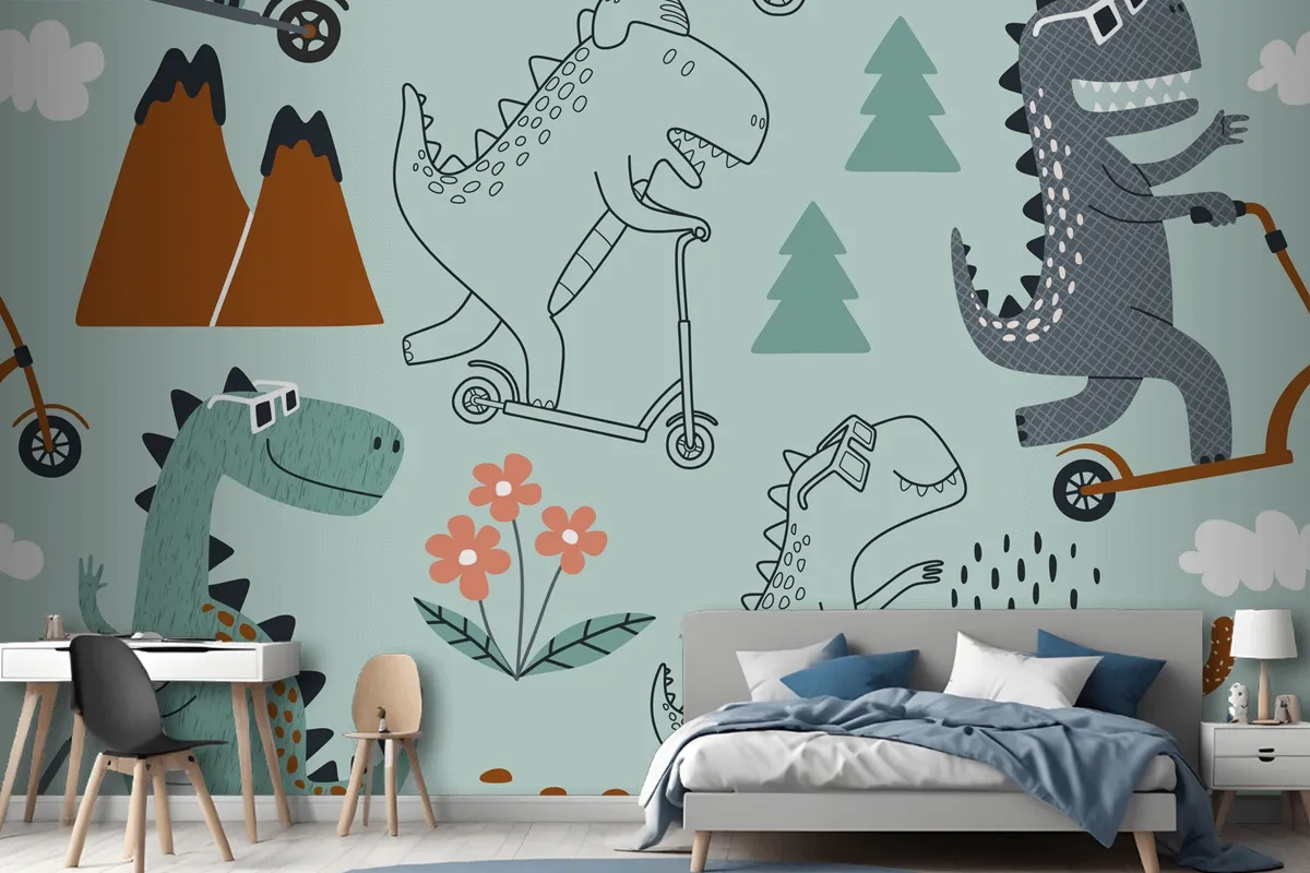 Cute Dinosaur Rides A Scooter Wallpaper Mural