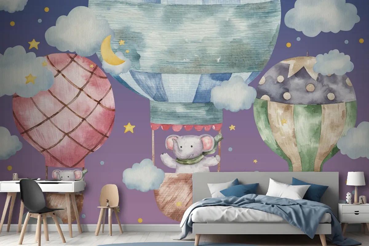 Cute Elephant Flies On Colored Balloons Wallpaper Mural