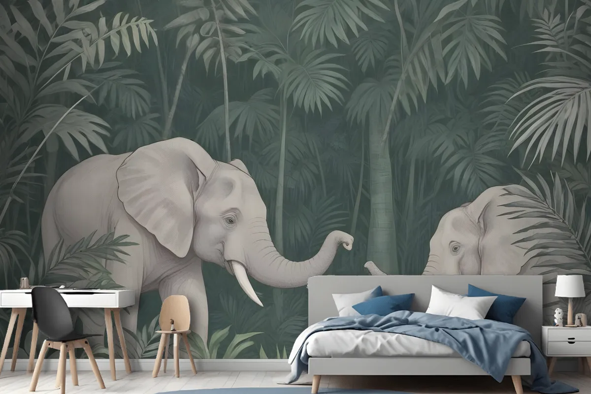 Cute Elephants On The Tropical Jungle Kids Wallpaper Mural