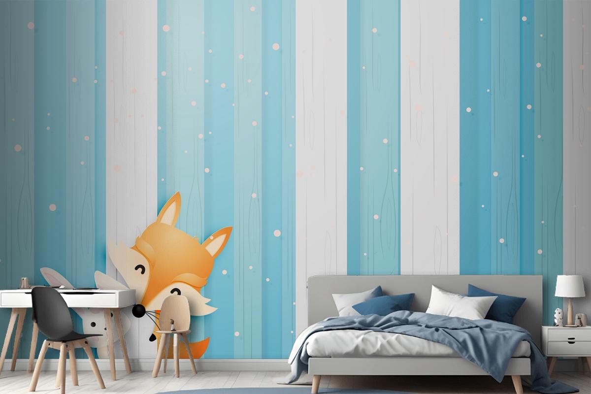 Cute Fox And Rabbit In The Wood With Paper Art Style Pastel Scheme Wallpaper Mural