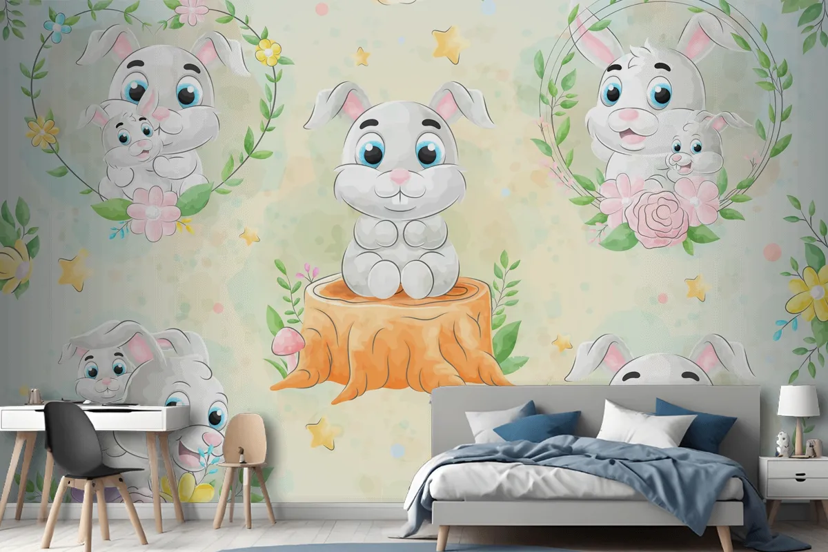 Cute Little Rabbit With Watercolor Wallpaper Mural