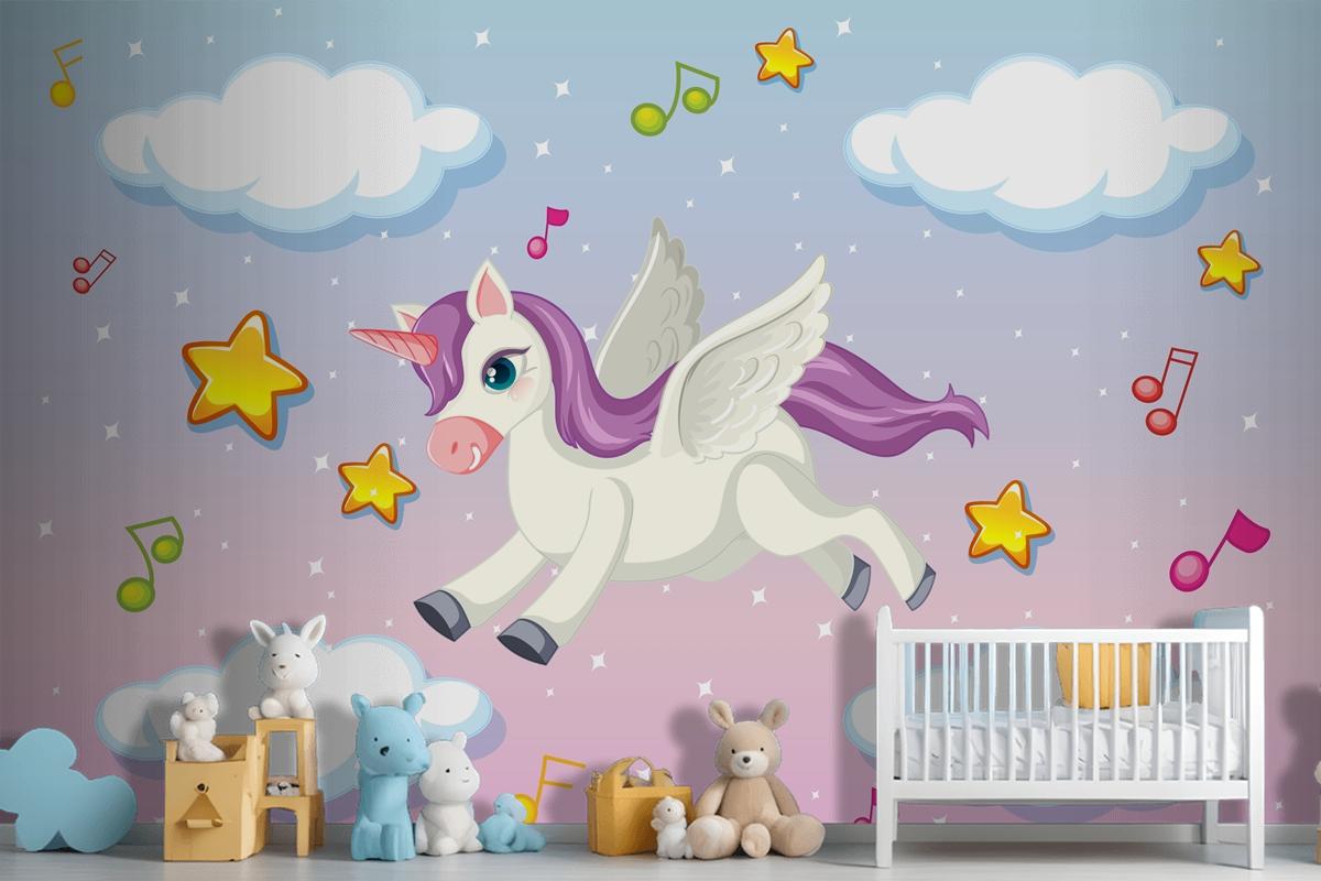 Cute Pegasus With Purple Mane Flying In The Pastel Sky Wallpaper Mural