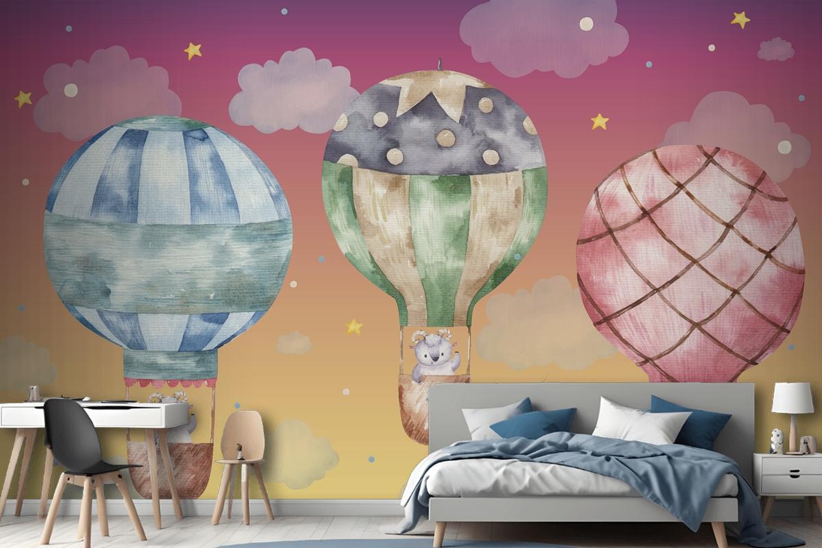 Cute Ram Flying On Colored Balloons Wallpaper Mural