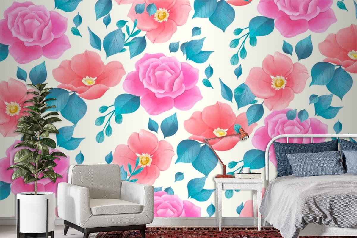 Cute Watercolor Floral Pattern With Rose Flowers Wallpaper Mural