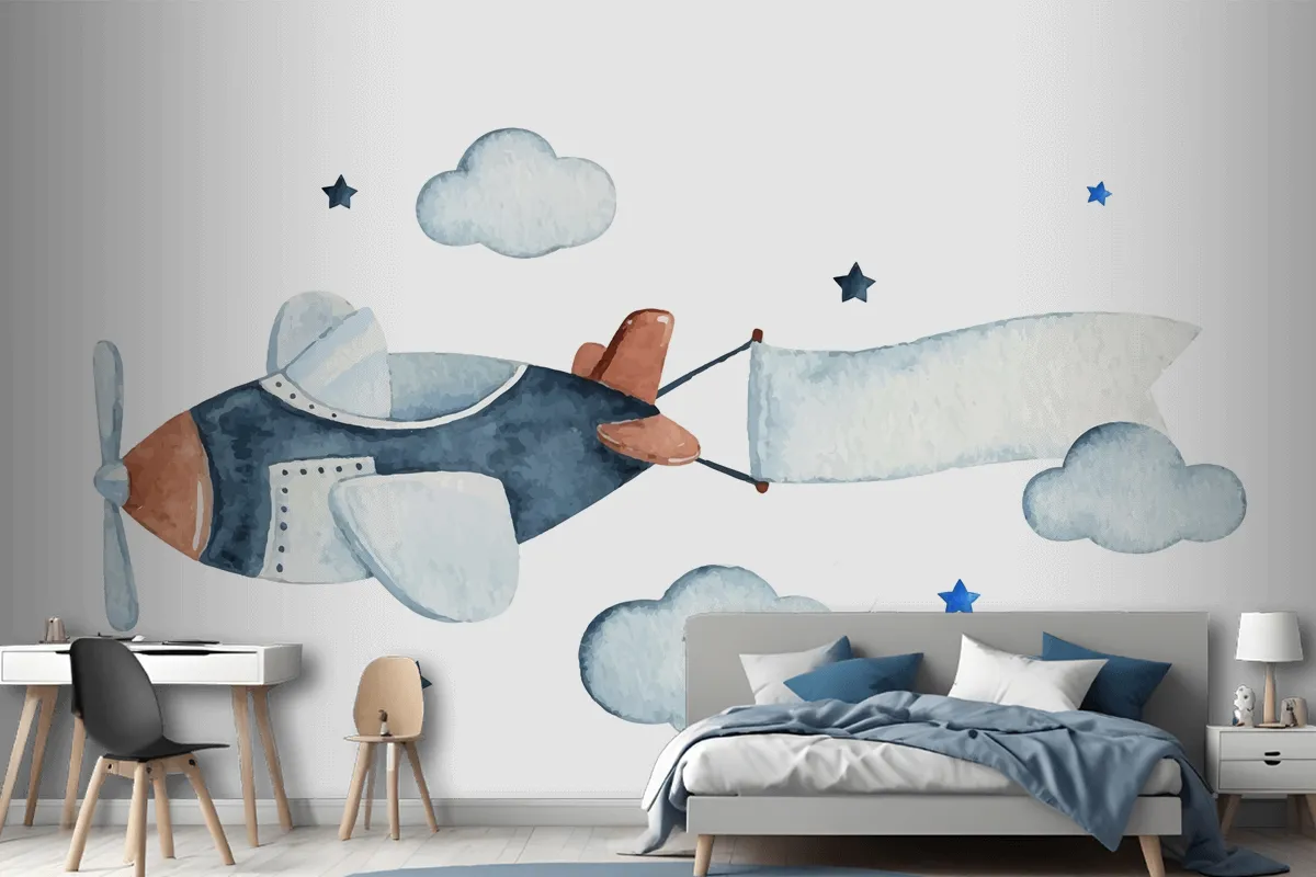 Cute Watercolor Sky Scene With Air Plane Clouds And Stars Wallpaper Mural