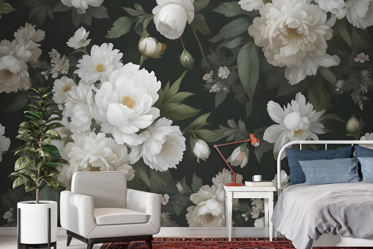 Dark Floral And White Peony Blossoms Wallpaper Mural