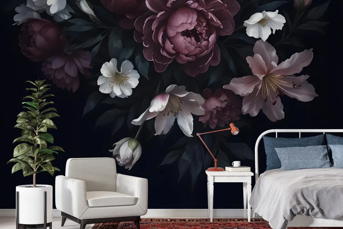 Dark Floral Claret Peony Floral Wallpaper Mural