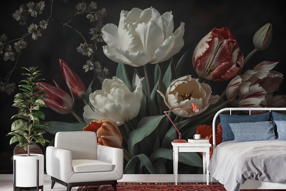 Dark Floral Dutch Bouquet With Tulips Wallpaper Mural