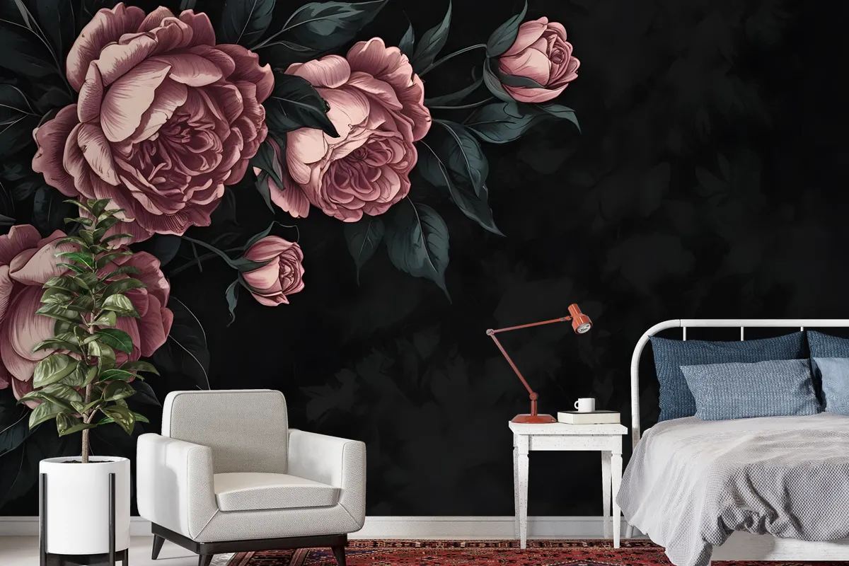 Dark Floral Peony Flower Drawing Wallpaper Mural