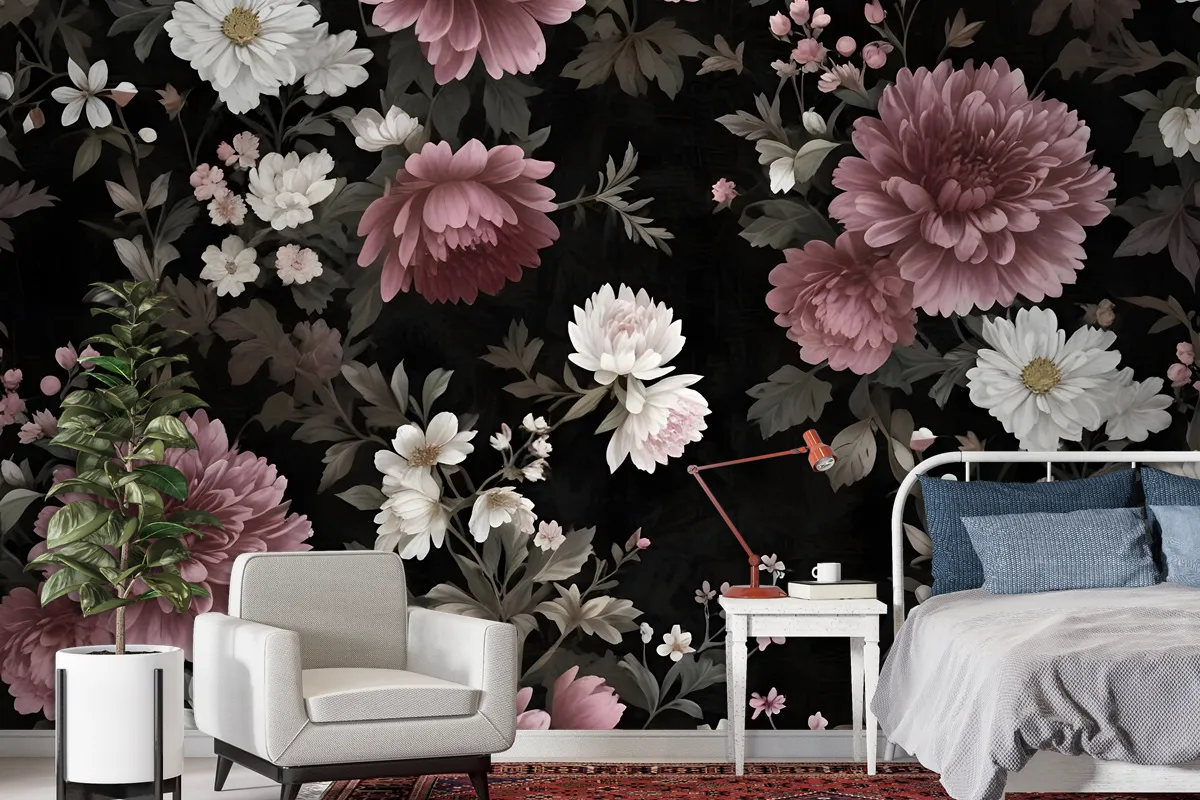 Dark Floral With Pink Chrysanthemum Wallpaper Mural