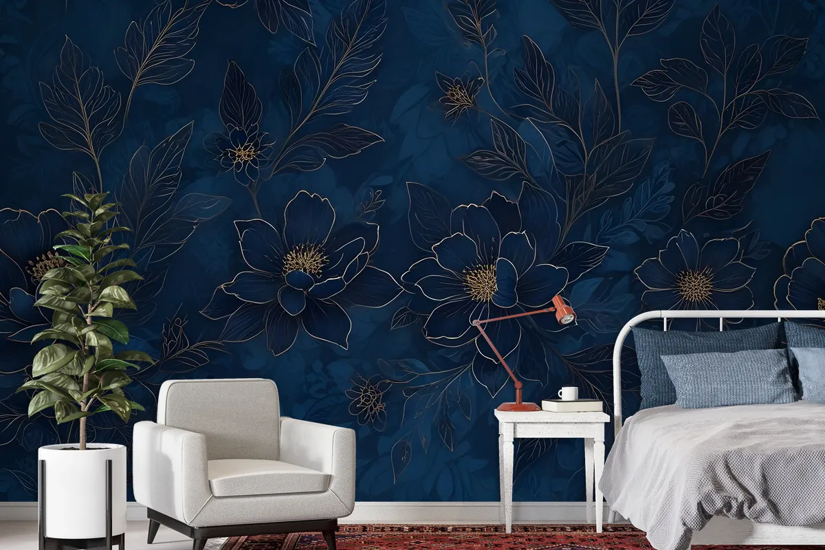 Dark Navy Peony Floral Drawing Art Wallpaper Mural