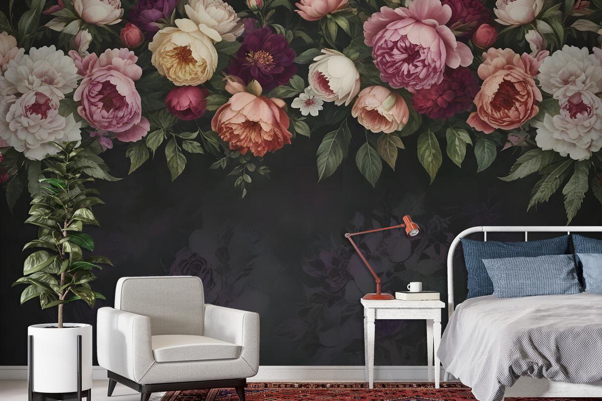 Dark Vine Floral And Peony Blossom Wallpaper Mural